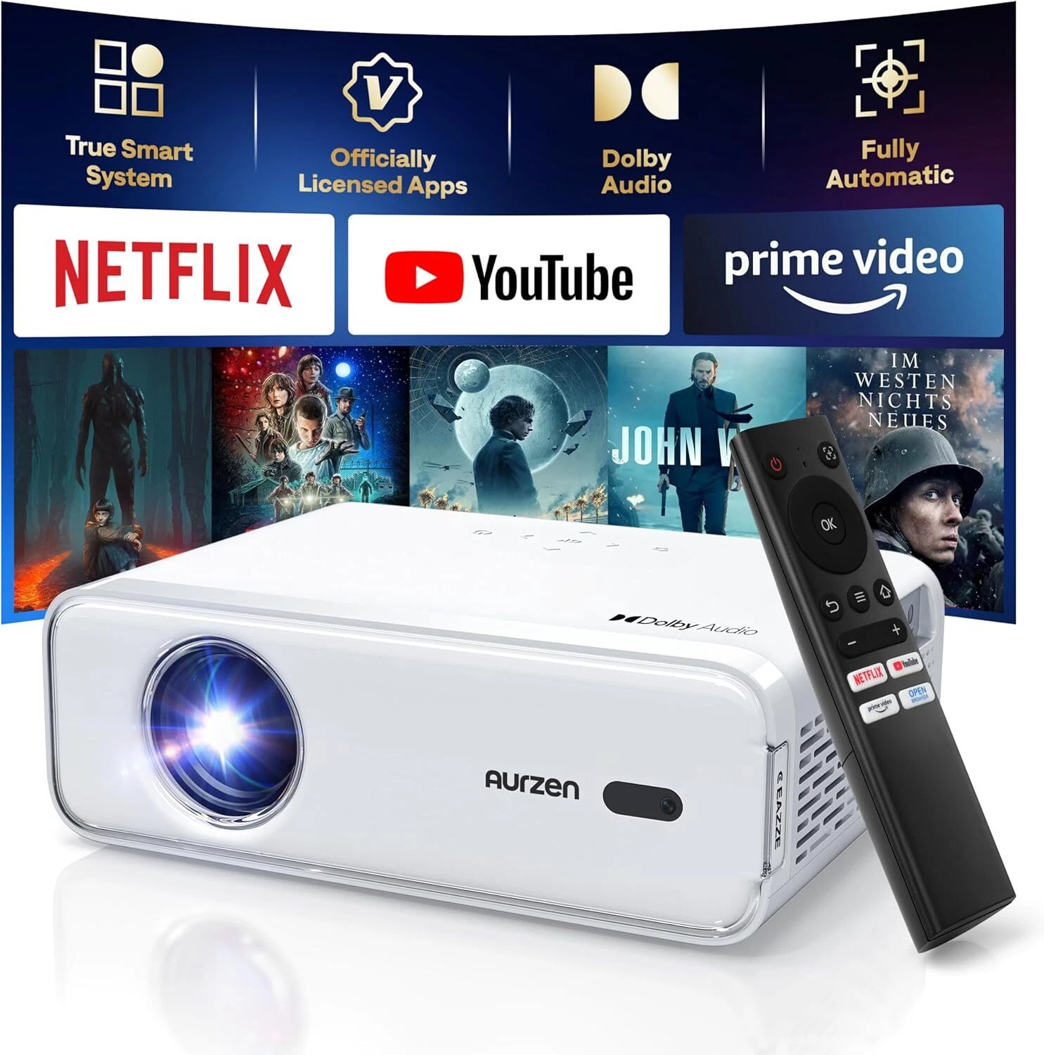 Máy chiếu thông minh Aurzen EAZZE D1 WiFi Bluetooth Netflix Tự động lấy nét & Keystone Native 1080P